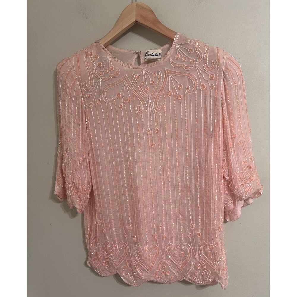 Vintage Exclusive Pale Pink Beads and Sequined Tunic 100% Silk Size Medium